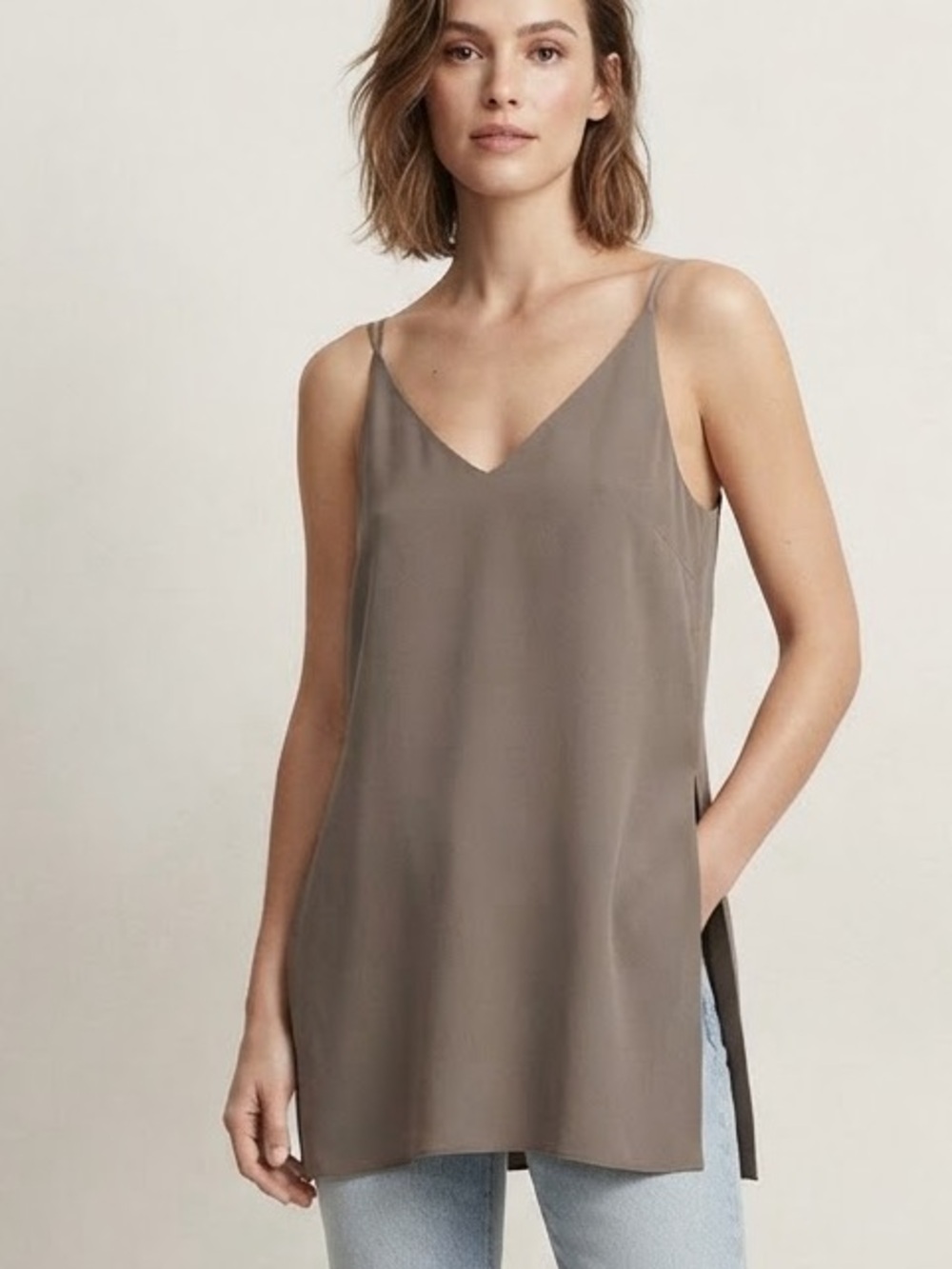 Theory Sz S 100% Silk Minimalist Side Slits Grey Camisole Top